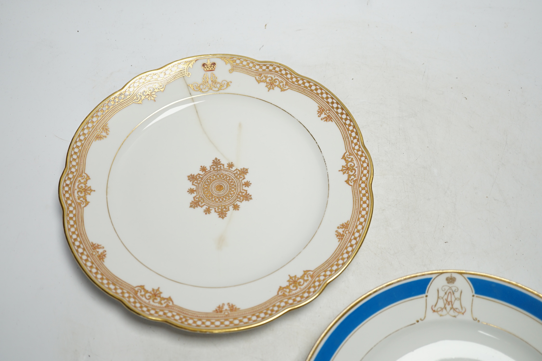 Russian interest- A Grand Duchess Kazenia plate and a Coronation Service Alexander II plate, largest 25cm (a.f.)